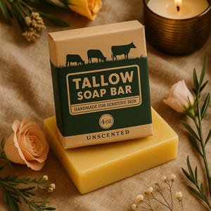 Grass-Fed Beef Tallow Soap Bar: Unscented, Natural Face & Body Wash