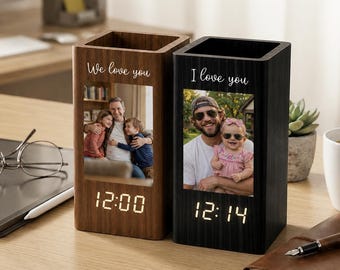 Personalized Daddy Photo Pen Holder With Clock, Fathers Day Gift For Men, Husband Custom Portrait Pen Holder, 1st Time Dad Gift For Him