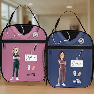 May include: Two personalized lunch bags, one pink and one blue, feature a nurse design with a stethoscope and a pocket with a name tag that says "Sophia". The pink bag has "#LPN" and the blue bag has "#CNA".