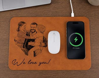 Personalized Dad Sketch Line Art Charging Pad, Custom Photo Father's Day Gift for Dad, Husbantom Office Photo Charger Mat Gift for Him