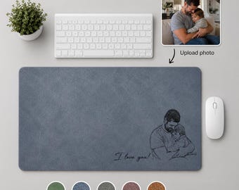 Custom Dad & Kid Photo Sketch Line Art Desk Mat, Personalized Fathers Day Gift For Husband, Custom Picture Mouse Pad Keepsake Office Decor