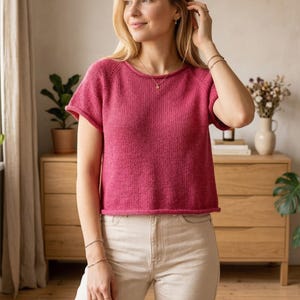 Roselle Tee Strickmuster PDF, Kurzarm-Strickoberteil, leichtes Sommer-T-Shirt, Raglan-Crop-Top-Muster, Hemdstrickmuster