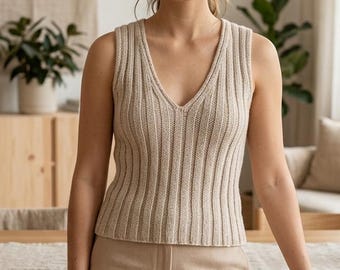 Geripptes Strick-Tank-Top-Muster, V-Ausschnitt-Strick-Top-Muster, Sommer-Tank-Strickmuster, Minimal-Strickoberteil, anfängerfreundliches Strickmuster PDF
