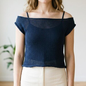 Off-the-Shoulder Knit Top Pattern PDF, Azure Cropped Summer Tee, Beginner Friendly, Rolled Edge Cap Sleeve