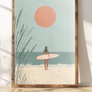 Surfer Girl Wandkunst - Minimalistisches Strandposter - Küstendekor - Sommer Surfdruck - Digital Download Kunstwerk
