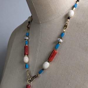 Bold Boho Gemstone Necklace | Brass, Turquoise, Coral, Howlite and Onyx | Handmade Statement Jewelry