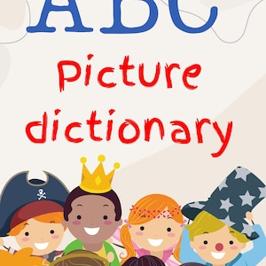 Puede incluir: Portada de libro infantil con el título "ABC Picture dictionary" en azul y rojo. La imagen presenta un grupo de niños diversos disfrazados, incluyendo un pirata, un rey y un superhéroe.