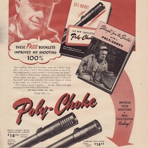 Vintage Fishing Ad: &quot;Straight From The Shoulder with Poly-Choke&quot; Poly-Choke Co., Inc.