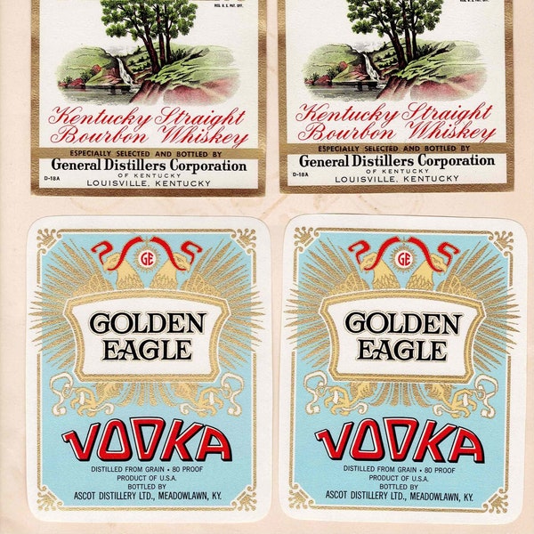 1940s Golden Eagle Vodka Bottle Labels - Meadowlawn, Kentucky - Antique Originals - Not Reprints
