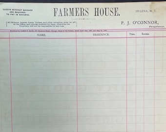 1800s ORIGINAL “Antique Farmers House Hotel” Guest Registry Pages (Blank)- Helena, Montana - PJ O&#39;Connor, Proprietor