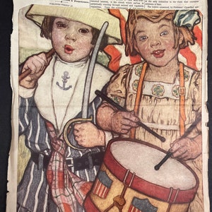 May include: A vintage illustration of two children dressed in patriotic clothing. The boy is holding a sword and the girl is playing a drum. The drum is decorated with American flags.