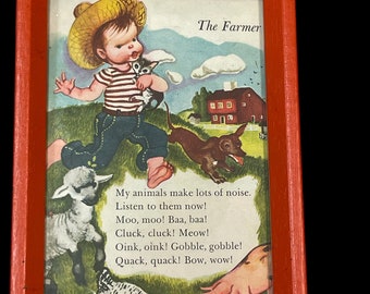 1970s Framed, Illustrated Print of the Childrens’ Poem: “The Farmer” with Moos, Baas, Oinks, Meows, Clucks, Quacks and Bow wows