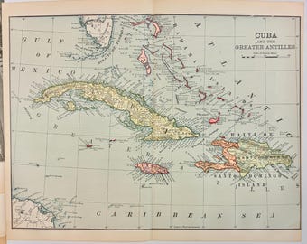 1898 Rand McNally Cuba and Greater Antilles Map – Antique Island Atlas Print - Color