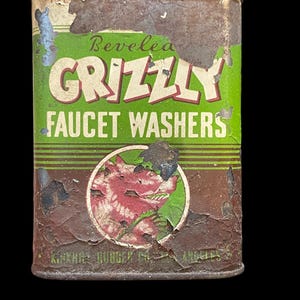 Lavatrici per rubinetti Grizzly degli anni '40 in scatola di latta con coperchio - Los Angeles - Philadelphia