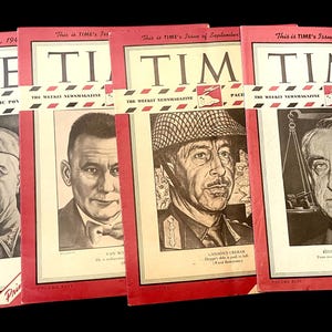 May include: A selection of vintage TIME magazine covers. Each cover displays a portrait of a person, with the magazine's title and date clearly visible. The covers have a red border and are from the 1940s.