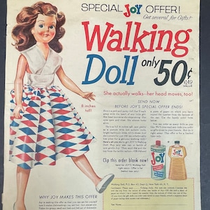 Large 1954 Walking Doll Ad from JOY Dishwashing Liquid