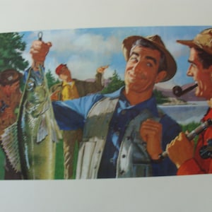 May include: Three men fishing, one holding a large fish. The man in the center is wearing a blue shirt and a white vest. The man on the right is wearing a red shirt and a brown hat. The man on the left is wearing a brown hat and a brown shirt. The fish is silver and has black spots.