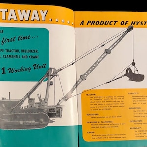 May include: Vintage advertisement for the Hystaway, a multi-functional machine. The ad features a detailed illustration of the Hystaway, which can function as a track-type tractor, bulldozer, dragline, clamshell, and crane. Text highlights its versatility.
