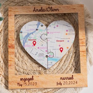 Cadeaux de 5e anniversaire pour couple, carte puzzle de deux endroits, art mural en bois, cadeau personnalisé pour lui, n'importe quel lieu ou plan de la ville, décoration d'intérieur