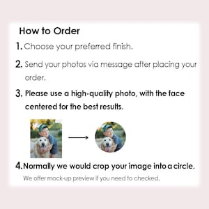 Peut inclure: Fond blanc avec le texte : &laquo;&nbsp;Comment commander&nbsp;&raquo;. Les instructions incluent le choix d'une finition, l'envoi de photos et l'utilisation d'une photo de haute qualit&eacute;. L'image montre un gar&ccedil;on avec un chien, d&eacute;montrant le processus de recadrage.