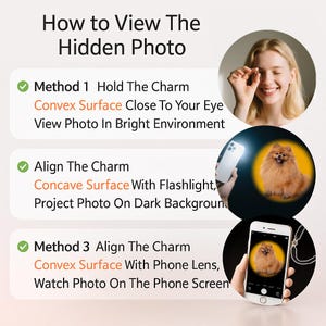 Peut inclure: Image pr&eacute;sentant des instructions pour visualiser une photo cach&eacute;e. Le texte indique "Comment voir la photo cach&eacute;e" et d&eacute;taille trois m&eacute;thodes : tenir le charme, utiliser une lampe de poche et utiliser l'objectif d'un t&eacute;l&eacute;phone. L'image comprend une photo de chien.