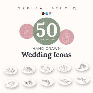 May include: A digital collection of 50 hand-drawn wedding icons by Dreleal Studio, featuring line art illustrations of dresses, suits, cars, swans, envelopes, bouquets, champagne glasses, pillows, tiaras, bicycles, and rings in AI, EPS, SVG, and PNG formats.