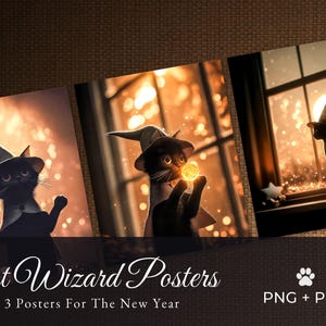 May include: Set of three posters featuring black cats dressed as wizards. The cats wear wizard hats and cloaks, with one holding a glowing orb. The posters have a warm, golden color scheme, with the text "Cat Wizard Posters" and "3 Posters For The New Year".
