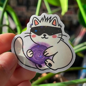 Pegatina holográfica del gato Gojo de JJK con diseño morado hueco