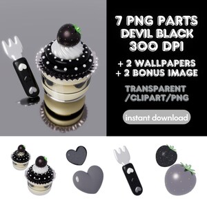 Può includere: Immagine digitale di un cupcake in bianco e nero con fragola, forchetta e cuori grigi. Il testo recita "7 PNG PARTS DEVIL BLACK 300 DPI". Clipart trasparente.