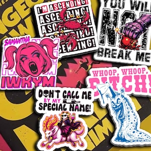 May include: A collection of six die-cut vinyl stickers featuring various graphic illustrations. Designs include a pink-haired character, a crab with the text I'M ASCENDING, a fist crushing a bomb with YOU WILL NOT BREAK ME, a goat rider, a slug, and text.
