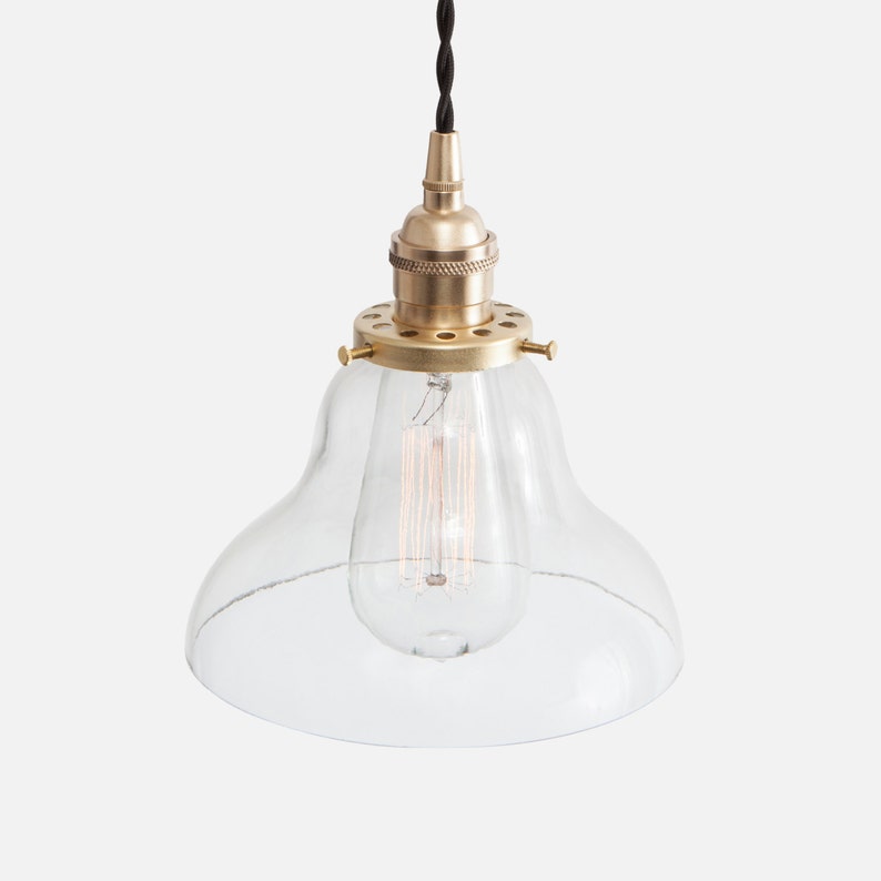 Bell Pendant Light Curved Glass Raw Brass Shade Plug In Or Hardwire W Ceiling Canopy Kit