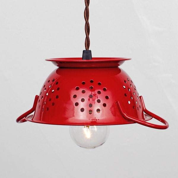 Mini Kitchen Colander Pendant Light - Cherry Red Enamel // Vintage Style Cloth Covered Twisted Cord & Bakelite Plug