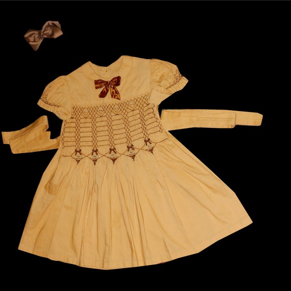 Rare 1950s smocked girls dress gold and brown shade abundant smocking Playpal