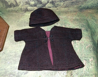 Early doll coat and hat mohair wool mix woven with jet buttons