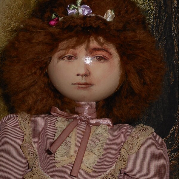 Folk art doll, wood head, silk dress , skin wig, hand painted face artist doll