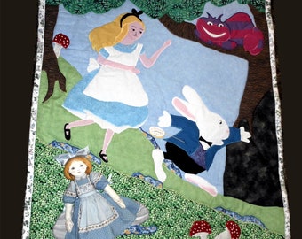 Alice in Wonderland designer quilt pictoral quilt with white rabbit, Cheshire and vintage doll