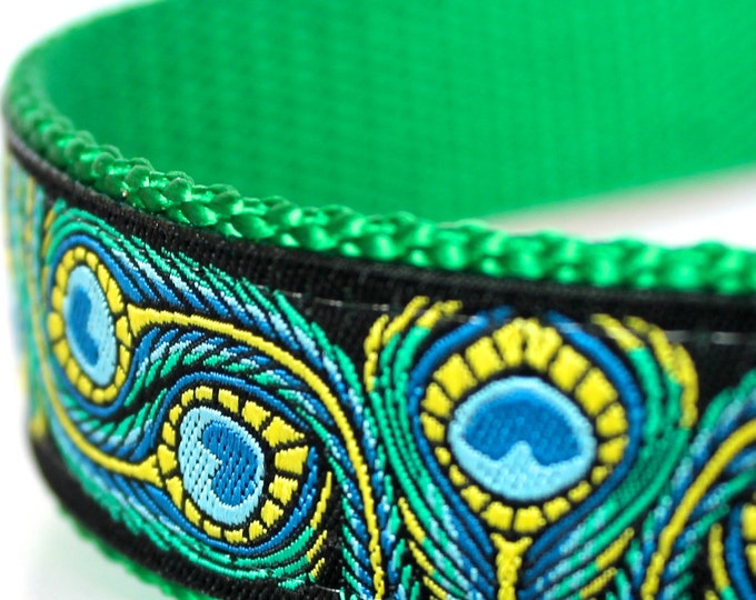 Peacock Feathers Dog Collar, 1 inch width, Big Dog Collar, Colorful Ribbon Pet Collar, Adjustable