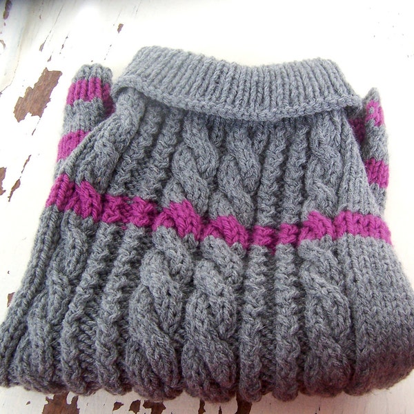 Cableknit Dog Sweater - Grey with Purple Stripe - Size Small