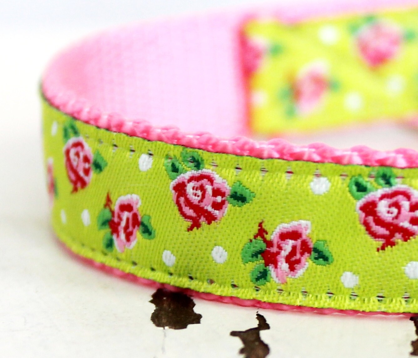 Shabby Chic Roses Dog Collar in Lime Green and Pink Roses Etsy