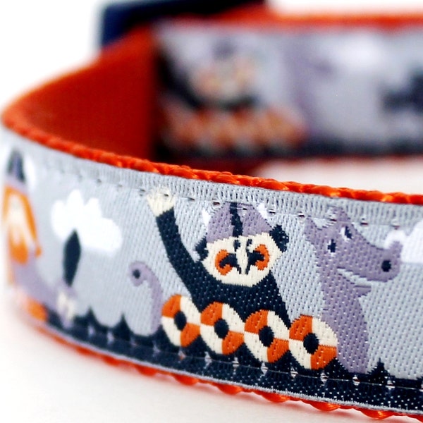 Grey Vikings Sailing Dog Collar, Adjustable Pet Collar, Boats, Fish, Nautical Pet Collar