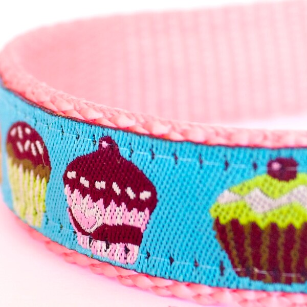 Collier coloré de chien de cupcakes, collier d'animal familier de ruban de sarcelle, collier de chien de fille, muffins, collier réglable d'animal familier