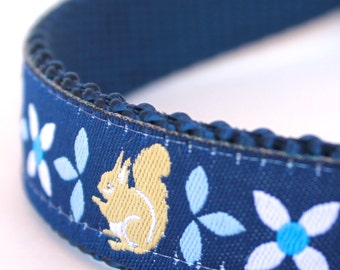 Blue Squirrel Adjustable Dog Collar, Ribbon Dog Collar, Navy Blue Pet Collar