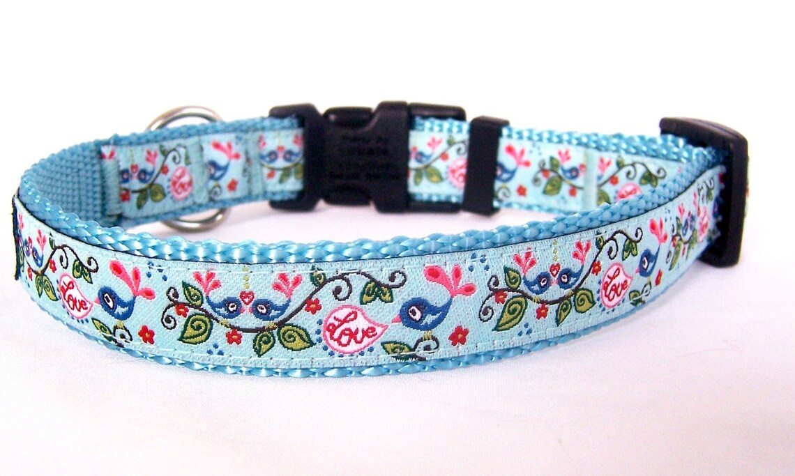 Love Birds Dog Collar Aqua Blue Adjustable Ribbon Dog Collar Etsy