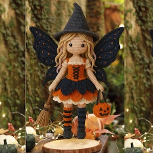May include: A crocheted fairy doll wearing a dark gray witch hat, an orange and black dress, and striped stockings. The doll has long blonde hair, dark blue wings with orange dots, and holds a small brown broom and a miniature orange pumpkin.