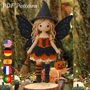 May include: A handmade crochet fairy doll with a witch hat, wings, and a pumpkin bag. The doll wears an orange and black dress, striped socks, and holds a broom. The text "PDF Patterns" is at the top.