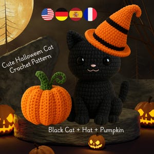 Halloween Black Cat Crochet Pattern: Witch Hat, Pumpkin Amigurumi (PDF Download