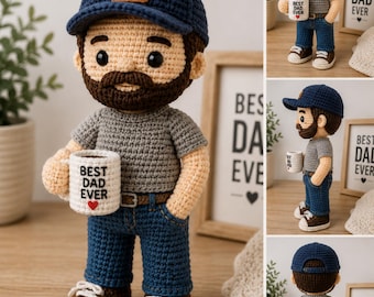 Amigurumi-Vater-Häkelanleitung (PDF), Puppe mit abnehmbarer Kleidung, Bart und Kaffeetasse