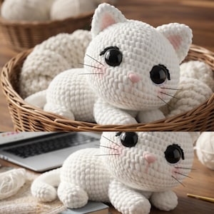 Puede incluir: Un gato blanco hecho a mano con ganchillo, con grandes ojos negros, detalles rosas y bigotes. El gato está acostado en una cesta de mimbre llena de una manta blanca. Es un juguete de peluche suave.