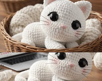 Häkelanleitung für eine weiße Katze – Liegendes, realistisches Kätzchen, Amigurumi, süßes, flauschiges Kätzchen (PDF-Anleitung)