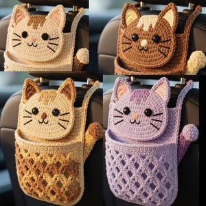 Crochet Organizer Pattern, Cat Face PDF With Dual-Color Mesh Pocket